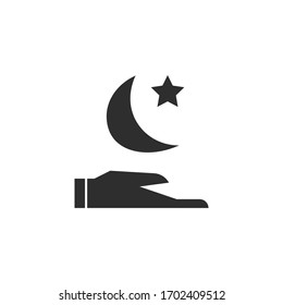Hand with a t moon and a star black icon isolated on a white background.