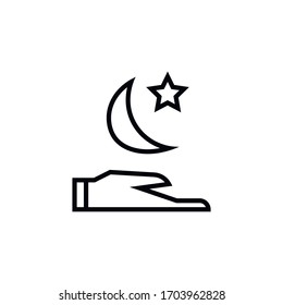 Hand with a t moon and a star thin line icon isolated on a white background