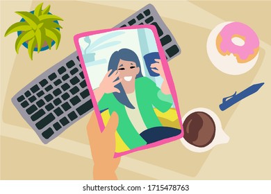 Hand with tab and workspace background. Chatting with friends or family online. Virtual meet up, video conference. Social-distance during quarantine. Vector flat style hand drawn illustration.