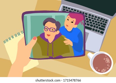 Hand with tab and workspace background. Chatting with friends or family online. Virtual meet up, video conference. Social-distance during quarantine. Vector flat style hand drawn illustration.