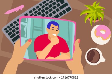 Hand with tab and workspace background. Chatting with friends or family online. Virtual meet up, video conference. Social-distance during quarantine. Vector flat style hand drawn illustration.