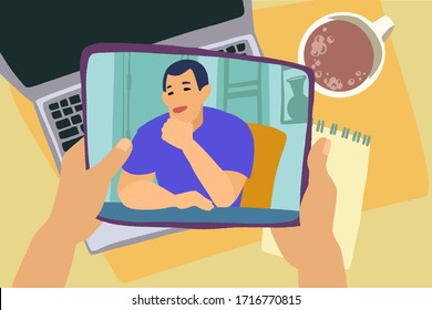 Hand with tab and workspace background. Chatting with friends or family online. Virtual meet up, video conference. Social-distance during quarantine. Vector flat style hand drawn illustration.