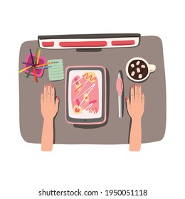 Ilustración de la parte superior de la mesa de mano con tableta, café y lápices, computadora. Dibujar bocetos en una tableta gráfica, diseñador, artista. Estilo de la caricatura de ilustraciones vectoriales 