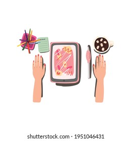 Hand table top view illustration with tablet, coffee and pencils, computer. Drawing sketches on a graphics tablet, designer, artist. Vector illustration cartoon style 
