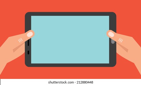 Hand with tablet blank screen background, flat design vector illustration