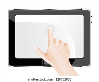 Hand with tablet computer. Isolated on white background.