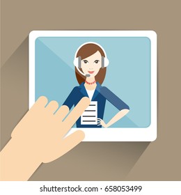 Hand with tablet computer. Video, online meeting, chating. Flat vector ilustration.