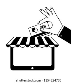 hand with tablet device and parasol isolated icon