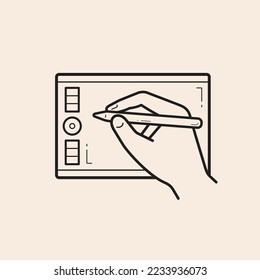 Hand with tablet and drawing pen outline icon with buttons and reflexes.