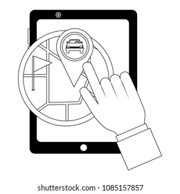 hand with tablet and gps application pin location car
