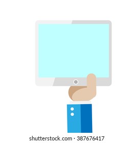 Hand with tablet on a white background flat vector illustration