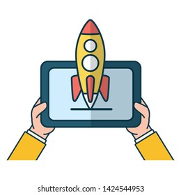 hand with tablet rocket send email vector illustration