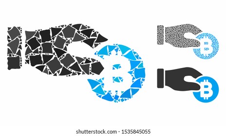 Hand take Bitcoin composition of bumpy elements in various sizes and color tinges, based on hand take Bitcoin icon. Vector tremulant parts are composed into composition.