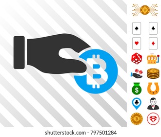Hand Take Bitcoin icon with bonus casino images. Vector illustration style is flat iconic symbols. Designed for gamble software.