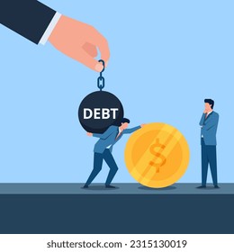 Hand take the debt iron ball while businessman pays debt.Business flat vector concept illustration.