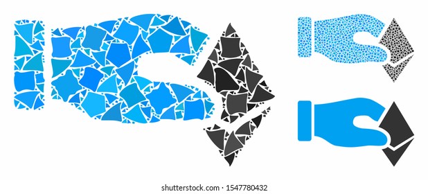 Hand take Ethereum composition of raggy parts in variable sizes and color tinges, based on hand take Ethereum icon. Vector unequal elements are grouped into collage.