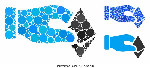 Hand take Ethereum mosaic of circle elements in variable sizes and shades, based on hand take Ethereum icon. Vector circle elements are composed into blue collage.