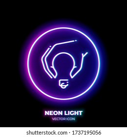 Hand take lightbulb neon light line art vector icon. Outline symbol of idea. Inspiration pictogram made of thin stroke. Isolated on background.