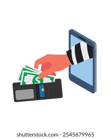 Mano toma dinero en la cartera del teléfono. estafador de Internet y concepto financiero en Vector aislado en fondo blanco Ilustración de stock