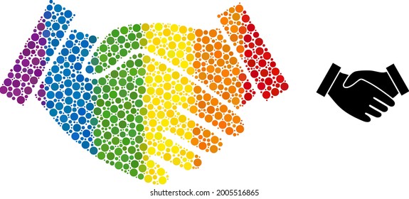 Hand take mosaic icon of round dots in different sizes and spectrum color tints. A dotted LGBT-colored hand take for lesbians, gays, bisexuals, and transgenders.