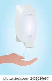 Hand take soap from soap dispenser. vector