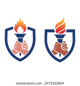 Hand take torch flame liberty shield logo design vector icon template illustration