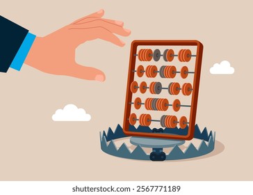 Hand takes a abacus for calculations from a bear trap. Financial accounting fraud. Modern vector illustration in flat style