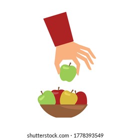 Hand takes an apple from the plate full of ripe apples fruits of different colors, green, red, yellow. Flat cartoon style vector illustration