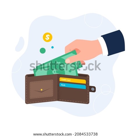 Hand takes banknotes from the wallet. Vector flat illustration isolated on the white background.