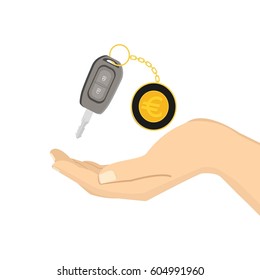 Hand takes car key with euro trinket. Flat vector illustration isolated on white background