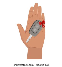 Hand takes car key as a present, gift. Flat vector illustration isolated on white background
