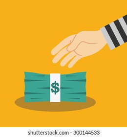 Hand takes dollar banknotes on orange background