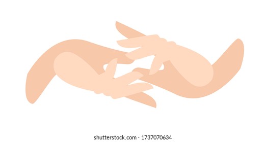 hand takes a hand. friendly support. two gentle female hands. symbol of support and helping hand. flat vector illustration. mutual assistance. soft hand cream on clean skin. spa treatments in salon.