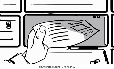 The hand takes the letter from the mailbox. Black and white vector sketch. Simple drawing.