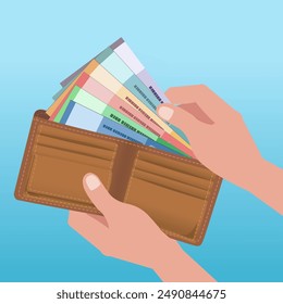 Hand takes paper money bills of difference denomination of banknotes from the open brown leather wallet, vector flat design illustration