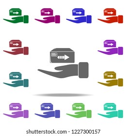 the hand takes the parcel icon. Elements of Logistic in multi color style icons. Simple icon for websites, web design, mobile app, info graphics