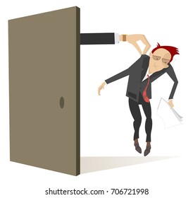 Hand takes a sad man by the collar and moves him out from the open door