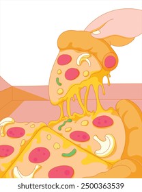 hand takes a slice of pizza from its place