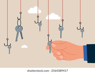 Hand takes to take  key to opening lock with success strength and power. Unlock business accessibility. Solve business problem, professional to give solutions. Modern flat style vector illustration