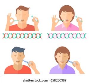 Main prenant un échantillon de liquide corporel pour le test ADN d'un jeune homme et d'une jeune femme. La main tient un thermomètre numérique et mesure la température d'une fille et d'un garçon. Concept d'illustration vectorielle à plat.
