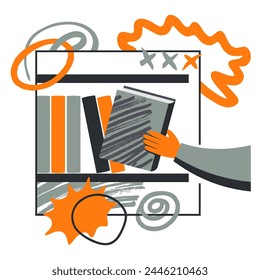 Hand taking the book from the bookshelf - abstract illustration for library, studying, self-study motivation