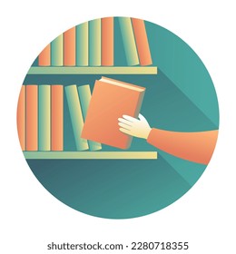 Hand taking the book from the bookshelf in circle shape - illustration for library, studying, self-study motivation