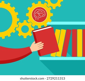 Mano tomando un libro de una estantería. Concepto de educación lectora motivación de autoestudio y desarrollo personal en un ambiente de Biblioteca tranquilo