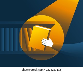 Hand taking the book from the bookshelf in spotlight - illustration for library, studying, self-study motivation