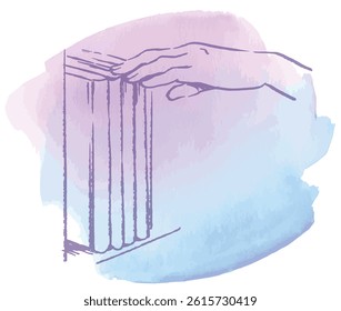 A hand taking a book from the shelf. Colored with watercolor. Vector sketch illustration.