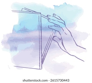 A hand taking a book from the shelf. Colored with watercolor. Vector sketch illustration.