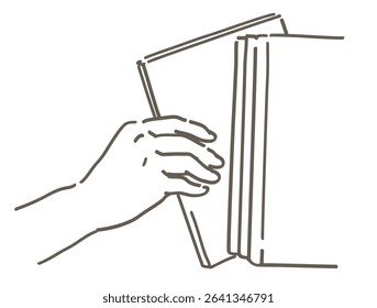 A hand taking a book from the shelf. Simple line. Vector sketch illustration.