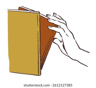 A hand taking a book from the shelf. Vector sketch illustration.
