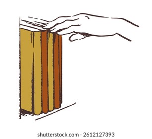 A hand taking a book from the shelf. Vector sketch illustration.