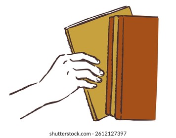 A hand taking a book from the shelf. Vector sketch illustration.